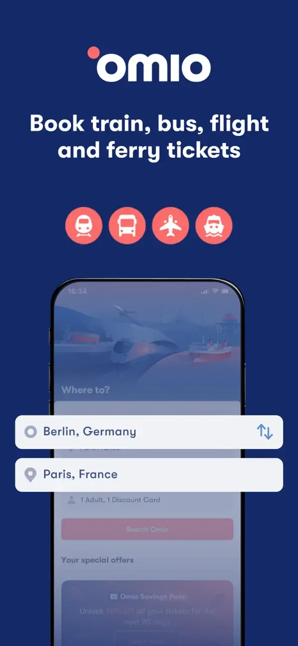 Omio поезд, автобус и самолет screenshot 1
